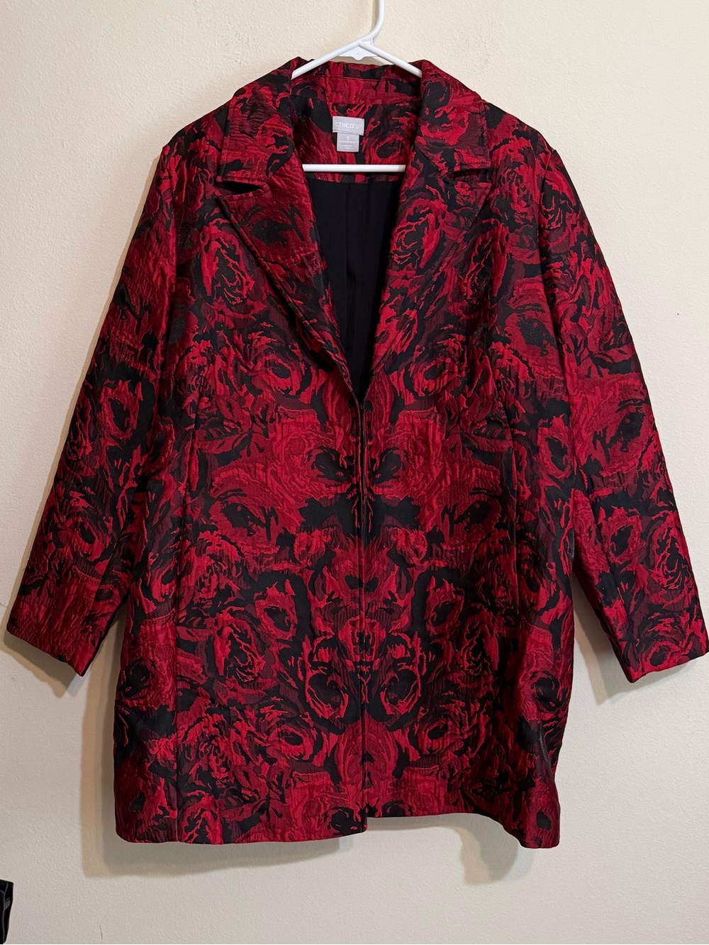 Chico’s Women's Red & Black Floral Jacquard Coat 3 (XL)